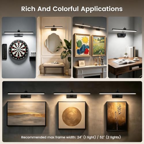 Yuichoy 2 Pack Picture Lights for Wall Battery Operated, 16 inch Wireless Art Lighting for Painting, 6 Colors Picture Frame Lights with Remote, Dimmable 5200mAh Gallery Light, Black