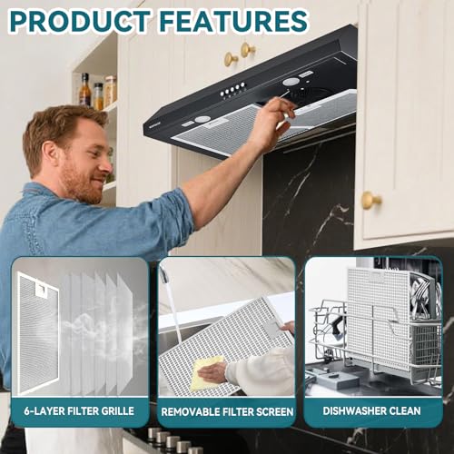 Image of 30 inch Under Cabinet Range Hood, Convertible Ducted /Ductless, 550 CFM Strong Airflow, 3-Speed Touch Control, 2 LED Lights, 6-Layer Stainless Steel Filters, Black