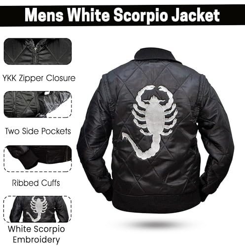 Image of Mens Golden Scorpio Logo Embroidered Jacket | Quilted Satin White Bomber Lightweight Jacket