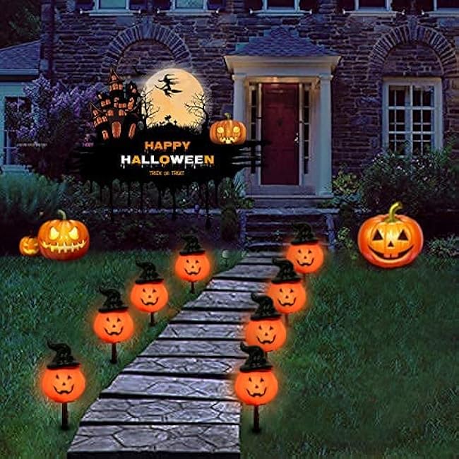 Halloween Decorations Outdoor C7 Halloween Pumpkin Pathway Stake Lights, 7Ft Jack-o-Lantern Garden Stakes with 4 C7 LED Bulbs, Pathway String Lights for Outdoor Garden Walkway Party Lighting