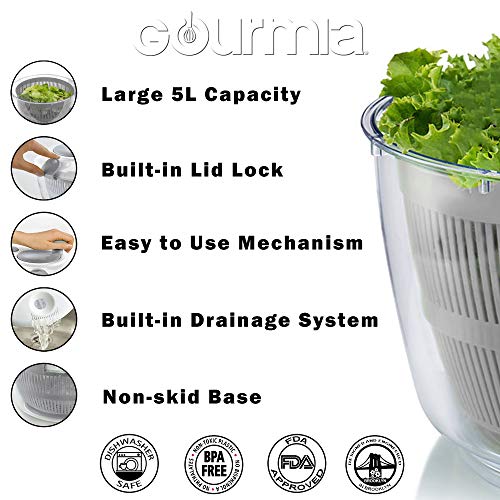 Gourmia Gsa9240 Jumbo Salad Spinner - Manual Lettuce Dryer With Crank Handle & Locking Lid, Bpa Free And Top Rack Dishwasher Safe,(5L) #TOP1