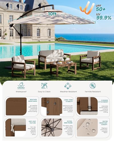 Image of SERWALL 4 Pieces HDPE Outdoor Sofa Set with 10FT Patio Umbrella, All Weather Use Loveseat Furniture Sofa Set, Outdoor Conversation Couch with Coffee Table for Patio, Brown Frame /Khaki Cushion