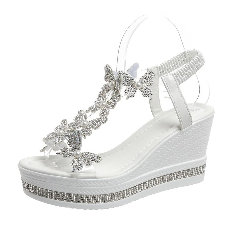 Big Size Allure Elegant Butterfly Pearl Wedge Sandals for Women – Chic Open-Toe, Thick Heel, Slip-On Design with PU Upper & Exquisite Details Daily outdoor activities