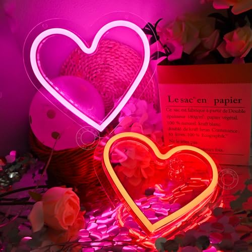 Image of SYLHOME 2 Pack Heart Led Neon Light Sign Battery Operated or USB Powered Bedroom Wedding Wall Sign Decor Valentines Day Christmas Birthday Gifts USB 7.87 inch X 7.28 inch Pink & Red