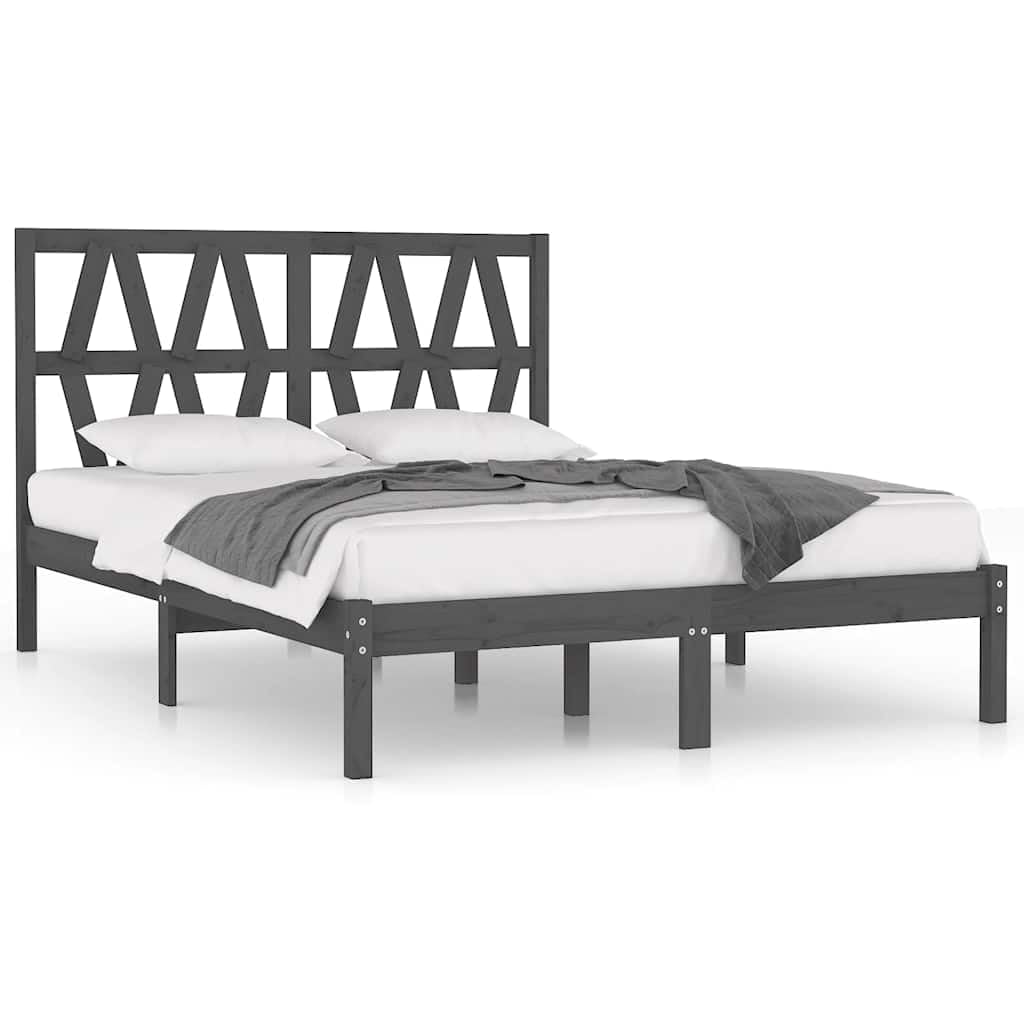 lite drewno sosnowe klasyczna rama lozka szary 200 x 200 cm | Rama łóżka 200x200 cm szara lite drewno sosnowe stabilna podstawa z zagłówkiem do sypialni