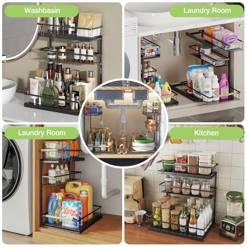Fantasnight Kitchen Under Sink Storage Organiser - 1 Pack Metal Undersink Organisation for Cupboard - 3 Tier Pull Out Cabinet Drawers Black - Sliding Cleaning Shelf Organizer Solutions for Bathroom - Image 6