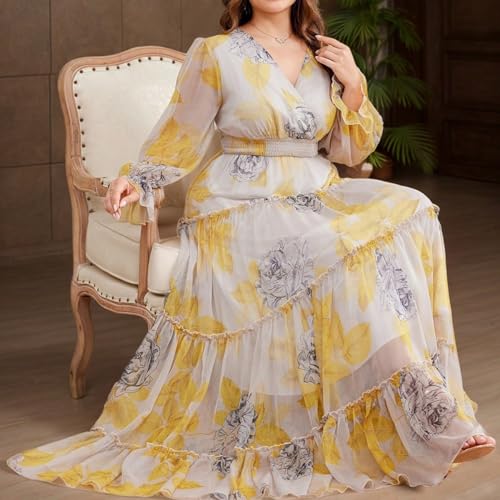 Image of Spring Summer 2024 Plus Size Womens Dresses V Neck Casual Elegant Long Sleeve Floral Print Maxi Dress