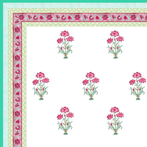 Image of BLOCKS OF INDIA 100% Cotton Dohar King Size Reversible Hand Block Printed Malmal Summer Dohar /Blanket (Turquoise Flower)