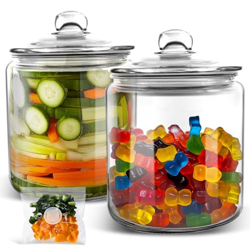 MASTERTOP Biscuit Jars, Set of 2 Glass Storage Jar with Airtight Lid, 3.9L Cookie Jar Sweet Jars with 15pcs Storage Bags, Clear Glass Container for Coffee, Sugar, Pickle, Oats, Flour, Pods