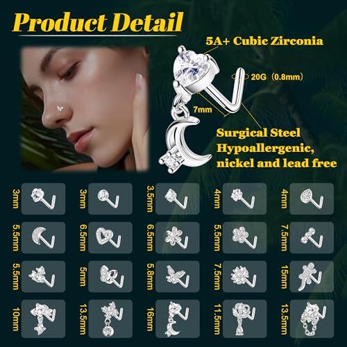 REVOLIA 20Pcs 20G Surgical Steel Dangle Nose Rings L Shaped Nose Ring Studs for Women Men CZ Heart Moon Dangling Flower Butterfly Nose Piercing Jewelry3