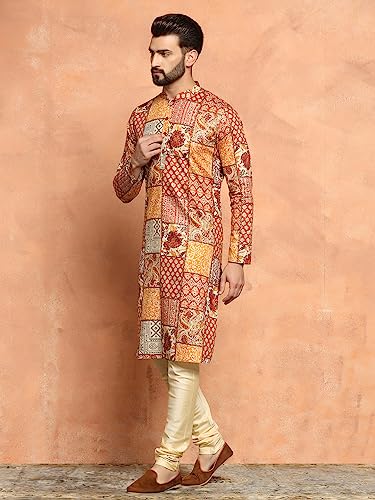 Image of KISAH Men's Navy Blue Printed Cotton Kurta - Regular Fit Long Tunic with Mandarin Collar | Ethnic Wear for Weddings & Festive Occasions