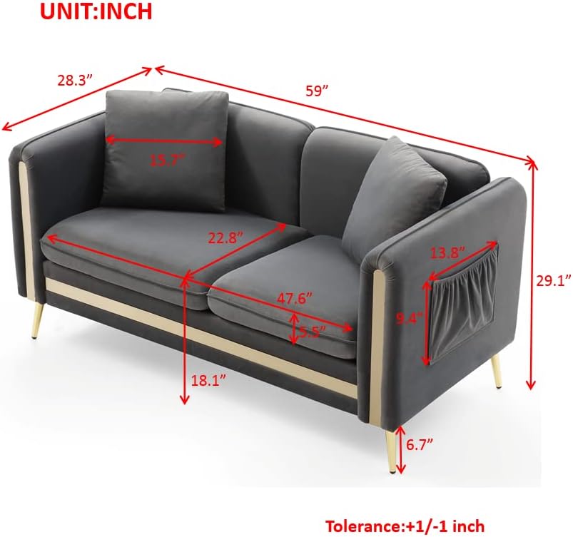 Miniatura 2 de Sofá biplaza de terciopelo tapizado de mediados de siglo de 59 pulgadas, sofá de 2 plazas con cojines extraíbles, bolsillo lateral con reposabrazos