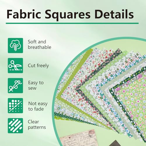 Image of 60 Pcs Quilting Fabric Square, Green Series Precut Fabric Squares