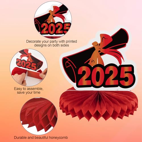 Image of 12PCS Graduation Decorations Class of 2025, Congrats Grad Table Centerpieces Graduation Honeycomb Centerpieces Grad Party Centerpieces 2025 Graduation Decorations for Party, Red
