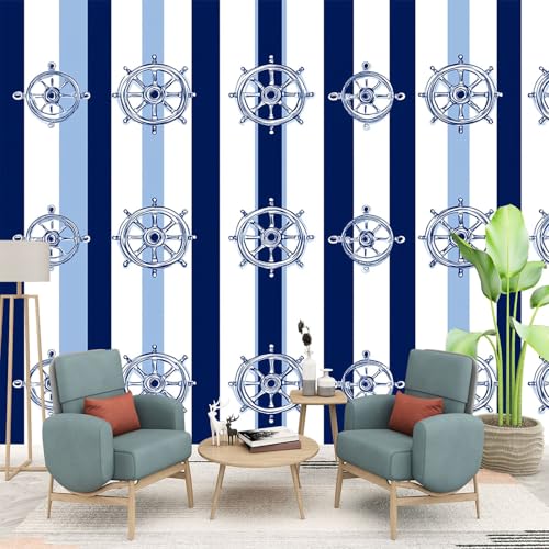 Wall Mural for Bedrooms Child Ship Wheel, Blue and White Stripes 150 x 105 cm Removable Living Room TV Background Playroom Wall Photo Wallpaper Decor Wall Mural for Home Wall Covering