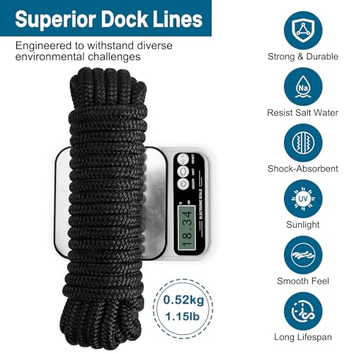 Image of 4 Pack 1 /2 inch x 15' Boat Dock Lines for Boat & Pontoon, Premium Marine- Grade Double Braided Nylon Dock Line, Pre-Spliced with a 12 inch Eyelet-Black,Boating Gifts for Men