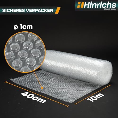 Hinrichs Luftpolsterfolie Rolle 10m x 40 cm - Ideal für Versand, Verpackung und Umzug - 100% recyclingfähig - Bubble Wrap als Verpackungsmaterial - Noppenfolie - Polstermaterial