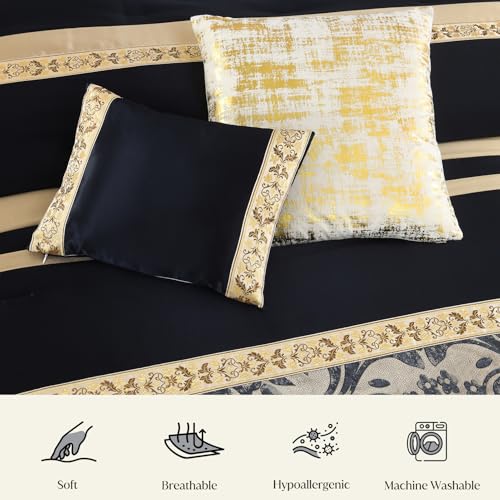 Image of CozyDH Luxury Comforter Set King Size, Navy Blue Gold - 7 Piece Bed in a Bag Jacquard Vintage Floral Damask, All Season Down Alternative Bedding with Bed Skirt, Shams, Decorative Pillows, 104x90 in