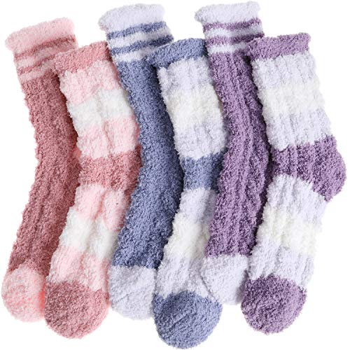 Womens Fuzzy Socks 6 Pairs Soft Warm Fluffy Cozy Cabin Stocking Stuffers Fleece Adult Plush Winter Sleep Slipper Socks (Stripe C)