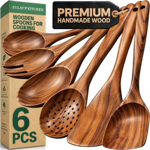 Zulay Kitchen 6-Piece Wooden Spoons for Cooking - Smooth Finish Teak Wood Utensils - Soft Comfort-Grip Cooking Wood Spoons Non-Stick Teak Easy to Clean Utensils Heat Resistant Non-Scratch Spoon Sets