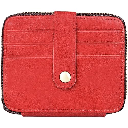 13 Card Slots Genuine Leather Minimalist Zipper Accordion Purse, Slim Multi Pockets Zip Around Wallet with Key Ring Strap, Compact Card Organizer with Key Ring Strap (Cherry Red)