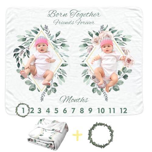 Image of Twins Baby Monthly Blanket for Girls boy, Newborn Month Blanket, Soft Flannel Photography Background Prop, Personalized Shower Gift, Boho Flower Leaf