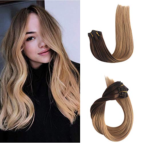 Ombre Clip in Human Hair Extensions Real Remy Hair Extensions Clip on for Black/White Women Medium Brown to Strawberry Blonde Double Weft Soft Silky Straight Glueless Natural 70g 7pcs 16 Clips 15in