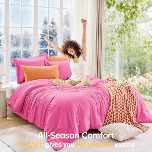 Image of MUXHOMO California King Comforter Set, Lightweight Down Alternative Bed Set | All Season 3 Piece Bedding Set,Ultra Soft Down Alternative,Includes 1 Comforter 104x96 and 2 Pillow Shams 20x36,Hot Pink