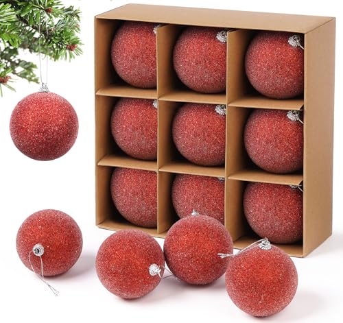 ilauke 9 Bolas de Navidad Rojas,Grande Bolas de Poliestireno 8cm Esferas de Plastico Navidad con Brillantes,Adornos de Navidad Adorno de Bola Navidad de Plástico,Colgantes Bolas de Espuma Decorativas