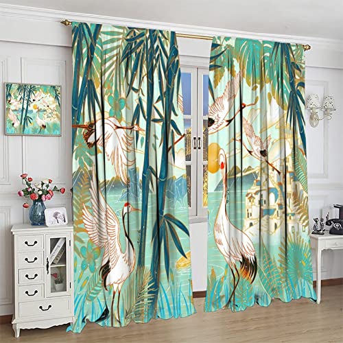 Asian Kitchen Curtains, Japanese Crane Flying And Bamboo Design, Window Drapes 2 Panel Set For Kitchen Cafe Decor 42X45Inch #TOP3