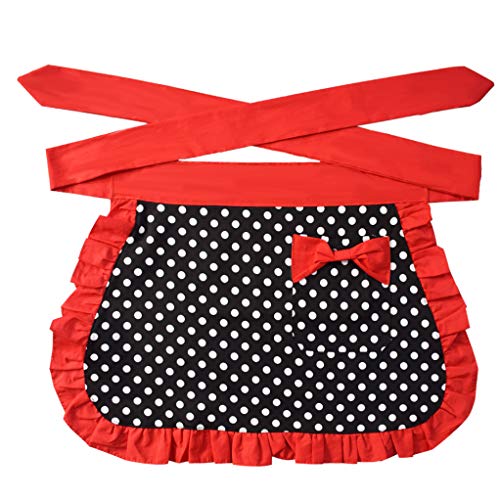 Floosum Black Sexy Waist Apron With Pocket, Polka Dot Ruffle Side Cotton Kitchen Cooking Waitress Server Half Aprons Women Girl, Red #TOP5