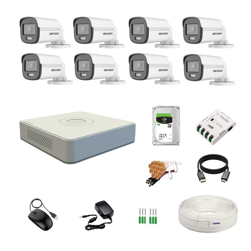 Clocite HIKVISION 8 Channel DVR with 2MP ColorVu 8 Bullet Cameras (24/7 Colorful Imaging) + 1TB HDD + Cable Roll (1+3) 8 CH Power Supply + BNC & DC Full Combo Kit