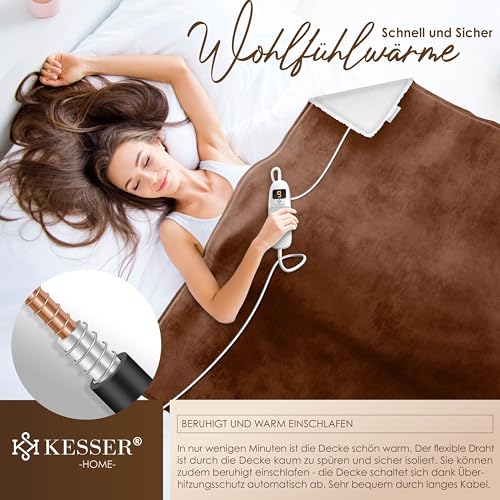 KESSER® Heizdecke mit Abschaltautomatik 180x130cm Doppelseitig Elektrische Wärmedecke | Kuscheldecke Bett, Sofa | 9 Temperaturstufen | waschbar bis 40°C | mit Timer Digitalanzeige Braun