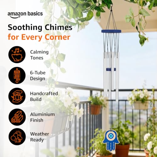 Image of Amazon Basics Premium Aluminium Evil Eye Wind Chimes for Home, Balcony & Garden |Soothing Melodic Sound | Decorative Hanging Gift | Color: Silver | Material: Aluminum | Size: 65L x 9 W x 9H cms