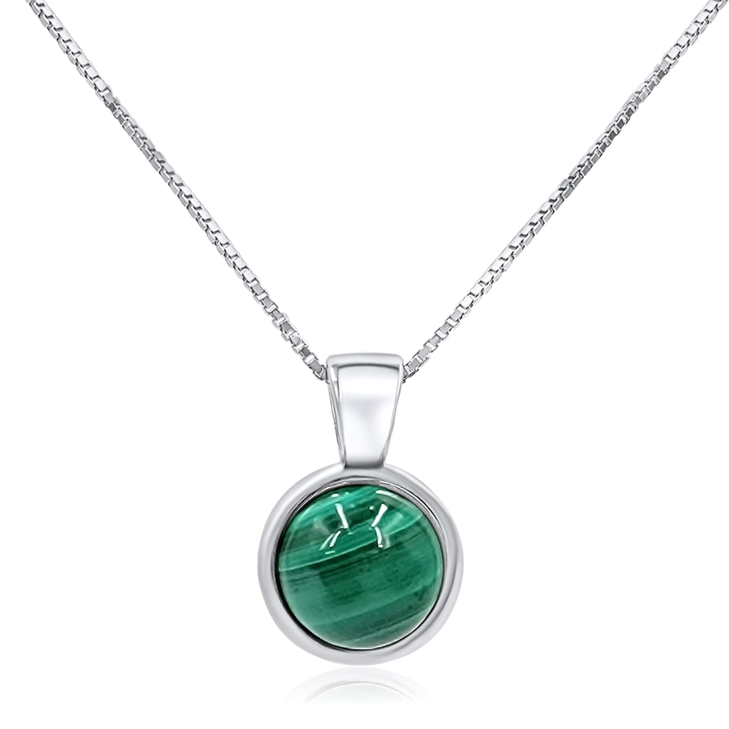 Natural malachite gemstone 8mm round pendant with white gold over 925 sterling silver bezel cabochon plate and box chain, real genuine dainty birthstone gift for her, uniquelan jewelry (malachite)