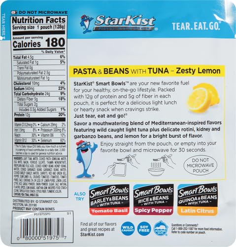 Image of StarKist Smart Bowls Tuna, Pasta and Beans, Zesty Lemon, 4.5 oz Pouch (Pack of 2)