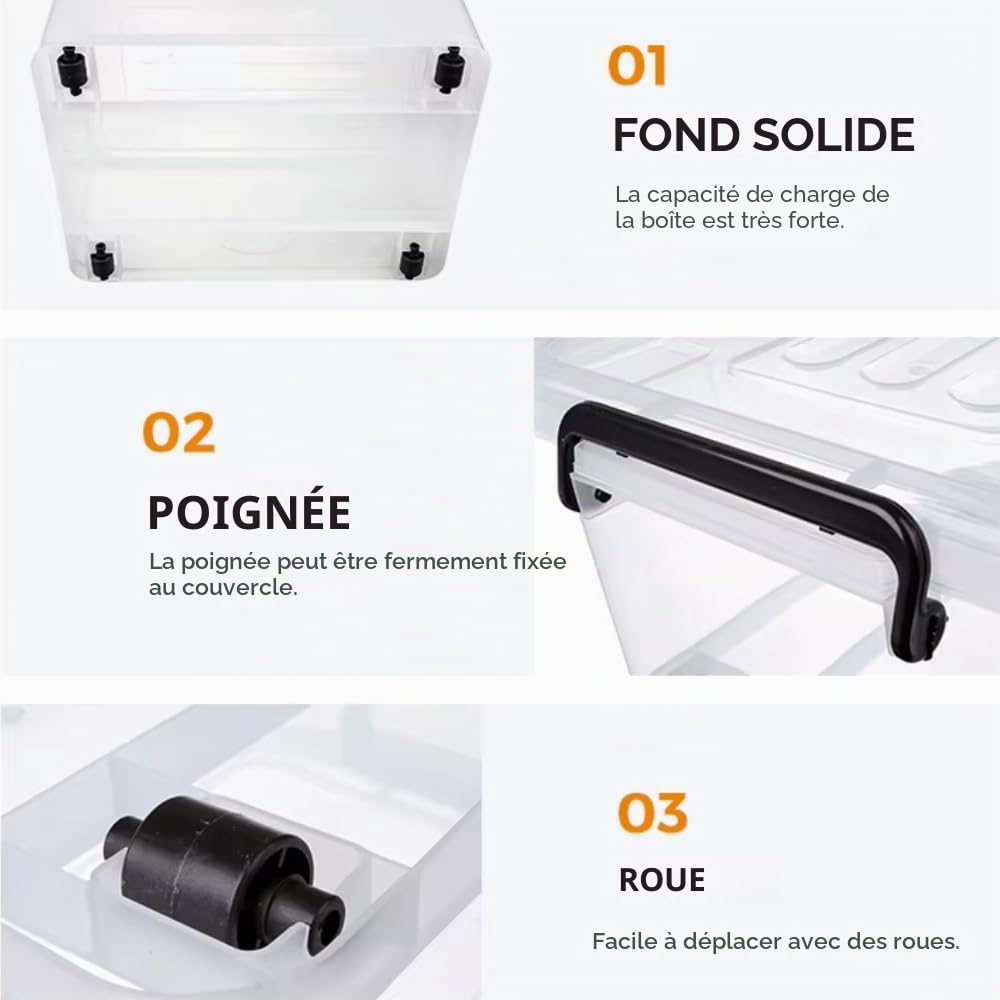 POSH Lot de 4 boîtes de rangement avec couvercle - En plastique de qualité alimentaire - Avec roulettes - 15/30/50/60/80 litres - Empilables pour la maison, les clips de fermeture, l'organisation - 60