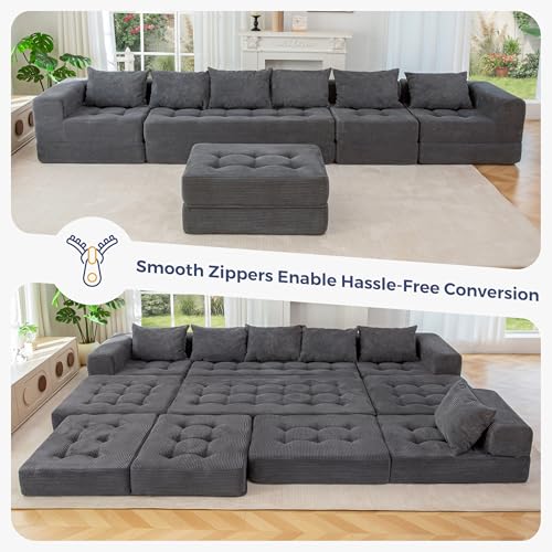 Image of MAXYOYO Modular Sectional Sofa Couch, Foldable U Shaped Cloud Couch with Pillows, Tufted 7-Seat Boneless Lounger Floor Sofa Bed for Living Room, No Assembly Required, Dark Grey