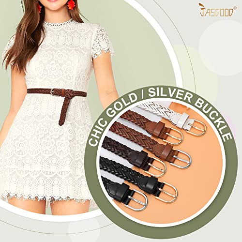 JASGOOD 2 Pack Women Skinny Leather Belts Thin Braided Leather Belts Casual Woven Waist Belt for Jeans Pants Dresses4