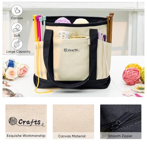 Image of MYBAGZING Canvas Yarn Storage Organizer Bag Washable Crochet Bag with Pockets for Yarn, Hooks, Needles - Travel Knitting Tote for Crafters - Gift for Crocheters & Knitters (Medium /Large)