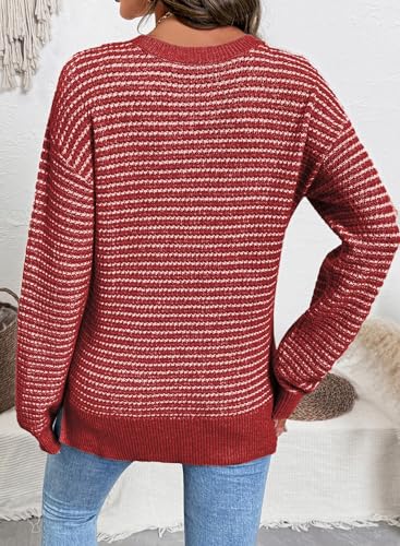 SHEWIN Womens Long Sleeve Crewneck Sweaters Casual Knit Striped Side Split Pullover Sweater Tops4