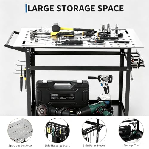 Image of 36x24in Welding Table 800LBS Mobile Workbench with 4 Wheels & Fixed Base | Movable Steel Work Bench with Side Pegboard, Hooks, Storage Tray, for Garage Workshop, Welding, Assembly and Repair