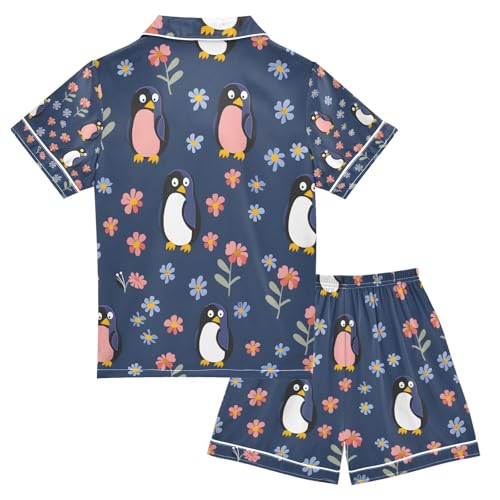 Penguin with Small Flower Satin Summer Pajama Sets Silk Short Sleeve Button Down Sleepwear2
