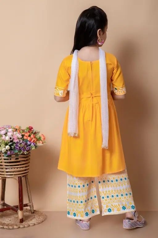 Image of Girls Traditional Embroidered Kurta Palazzo Set, Green and White, Floral Design, Half Sleeves