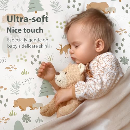 Image of Baby Crib Sheets for Boys and Girls, 3 Pack Fitted Crib Sheets Neutral for 52 inchx28 inch Standard Crib and Toddler Mattresses, Ultra Soft & Silky Smooth Microfiber Green Forest Bear