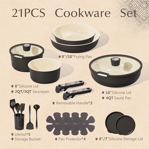 Image of CAROTE 21-Piece Ceramic Cookware Set, Nonstick Pots and Pans Set with Detachable Handle, Non-Toxic Kitchen Cooking Set, Induction Compatible, Dishwasher & Oven Safe, Charcoal