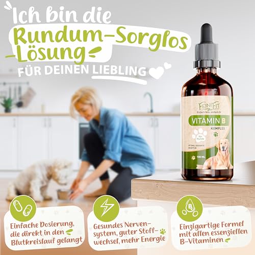 FeiniFit Vitamin B Komplex Hund Tropfen 100 ml – flüssige B-Vitamine für Hunde, leichte Einnahme statt Tabletten, B Vitamine Hunde (B1–B12) für einfache tägliche Versorgung, Made in Germany