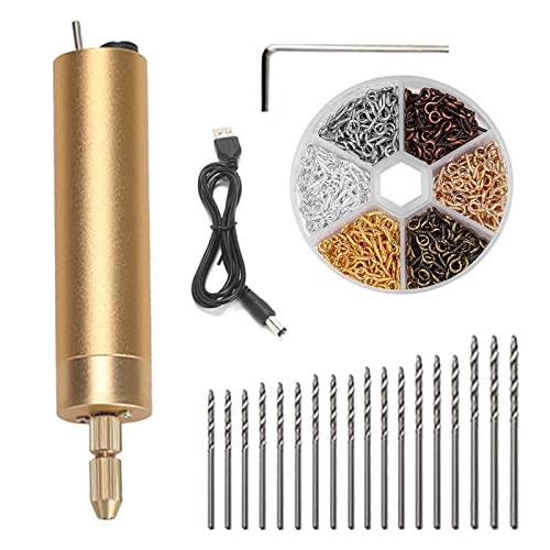 Mini taladro eléctrico de mano para resina, 0.7-1.2 mm Micro USB Taladro eléctrico para fabricación de joyas Pin Vise Kit Mango Taladro de uñas DIY con 18 piezas Herramienta de brocas 600 piezas