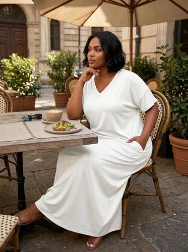 Image of SUZONANA Women Casual T-Shirt Dress V Neck Short Sleeve Solid Color Oversize Dress with Front Two Pockets