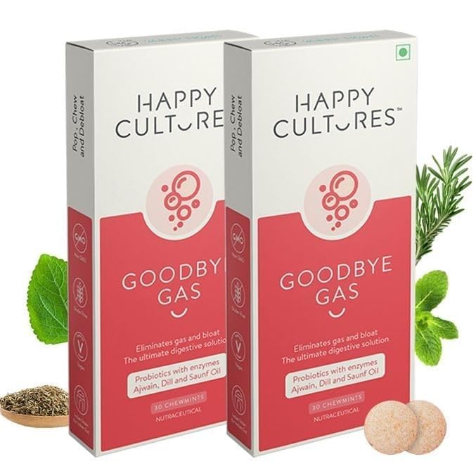 VELBIOM Happy Cultures Goodbye Gas,All Types Of Gas Relief,Unique Blend Of Probiotics 125 Million Cfu,Ajwain Oil,Saunf Oil And Digestive Enzymes,Alleviates Gas,Bloating And Indigestion - 60 Chewables